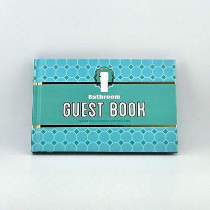 Cover of turquoise book "Bathroom Guest Book" against white background.