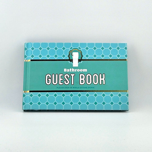 Cover of turquoise book "Bathroom Guest Book" against white background.