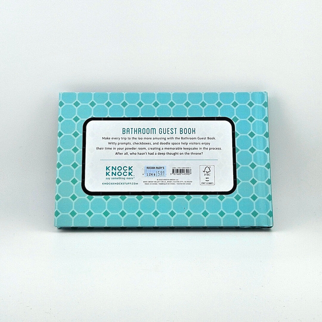 Backside of Bathroom Guest Book with product information against white background.
