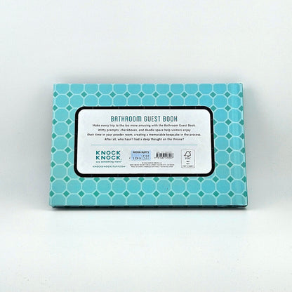 Backside of Bathroom Guest Book with product information against white background.