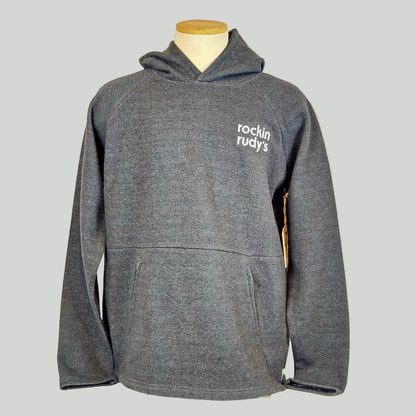 Gray hoodie with white text on breast "rockin rudy's"