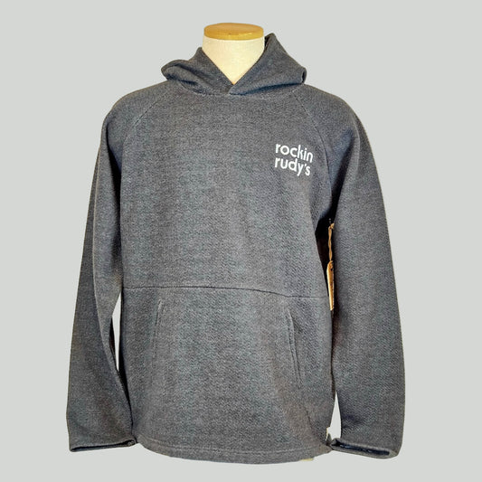 Gray hoodie with white text on breast "rockin rudy's"