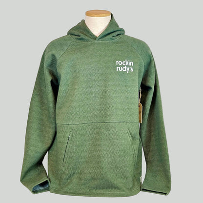 Green hoodie with white text at breast, "rockin rudy's"