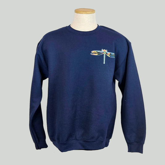 Navy blue sweatshirt with a dragonfly design on a mannequin against a gray background