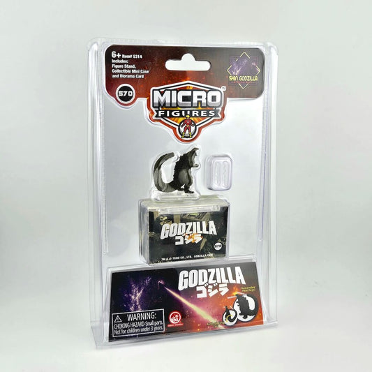 Packaged Micro Figures Godzilla toy figure with branding and warning label on a white background