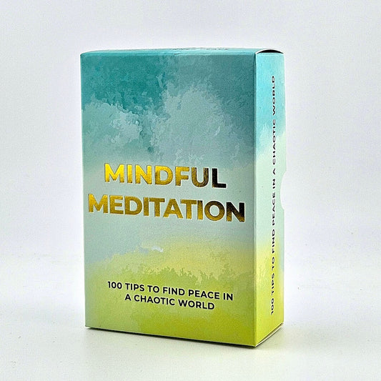 'Mindful Meditation' card set with a blue/green gradient box on a white background