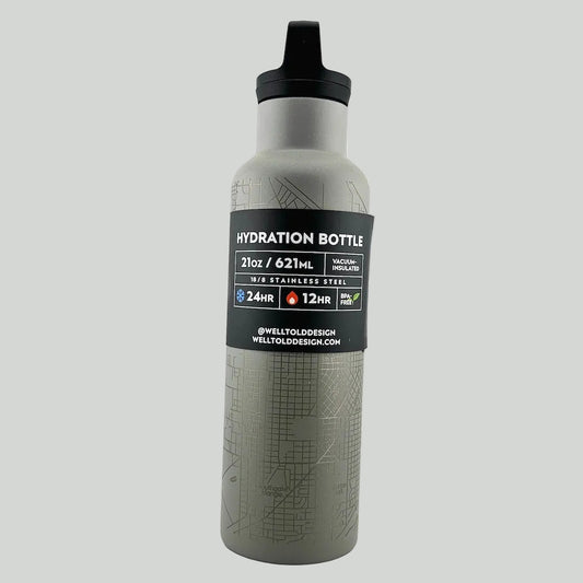 Gray hydration bottle with black label on a white background