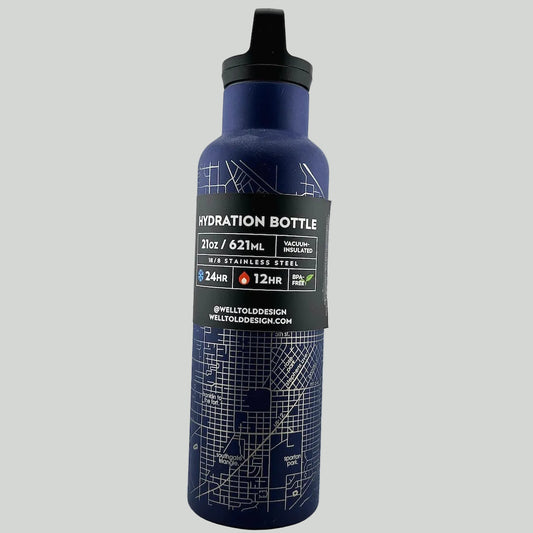 Hydration bottle with blue design and black cap on a white background