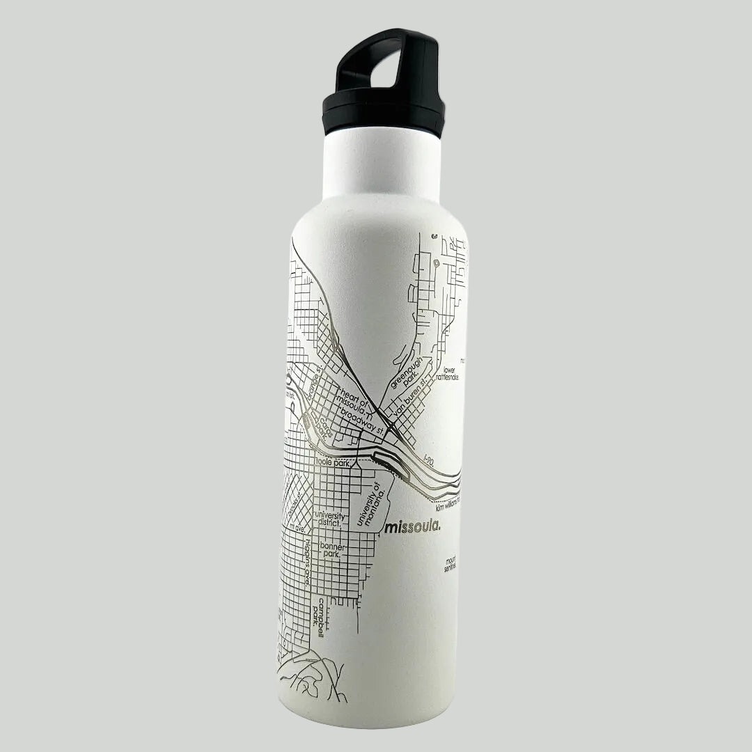 White water bottle with black map design on a light gray background