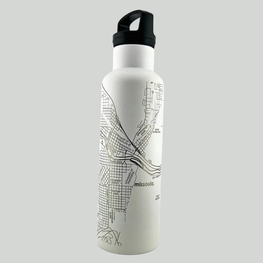 White water bottle with black map design on a light gray background