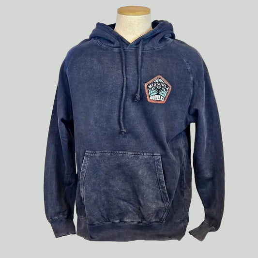 Blue hoodie with a patch on a mannequin against a white background