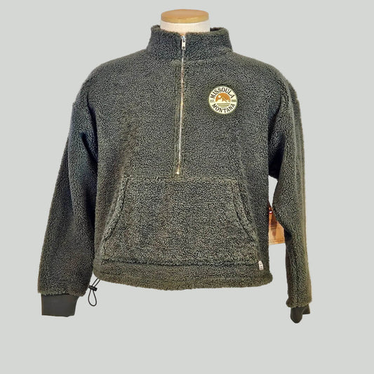 Green fleece pullover with a logo on a mannequin against a white background