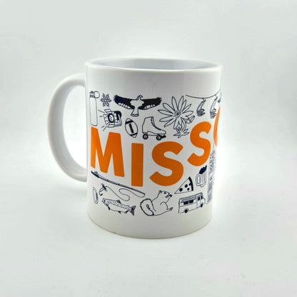 White mug with orange text and black illustrations on a white background