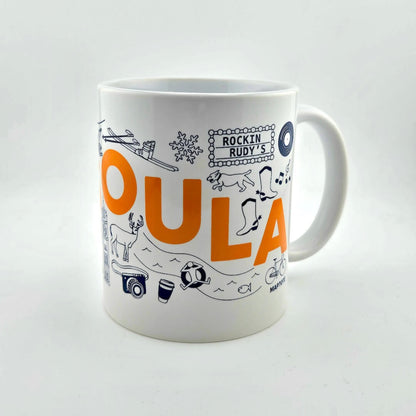 White mug with colorful graphics and text on a white background