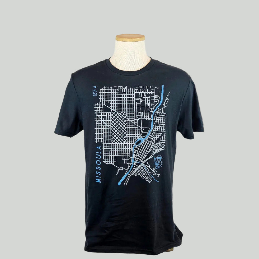 Black t-shirt with a map design on a mannequin against a white background