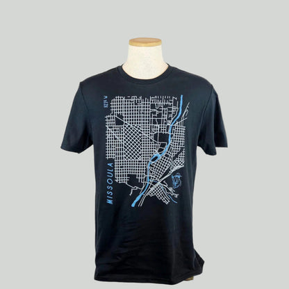Black t-shirt with a map design on a mannequin against a white background