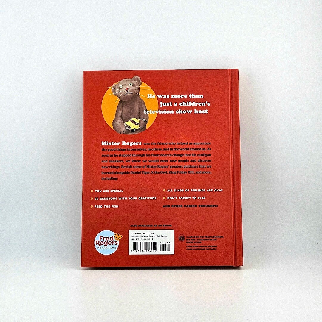Back cover of a book with a red background featuring a cat illustration and text.