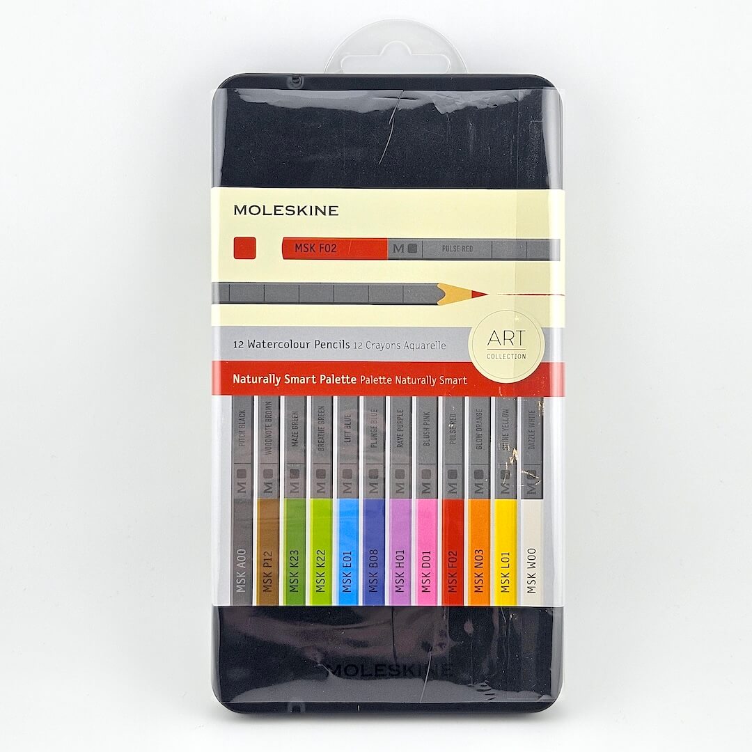 Packaged set of Moleskine watercolor pencils with colored tips on a white background