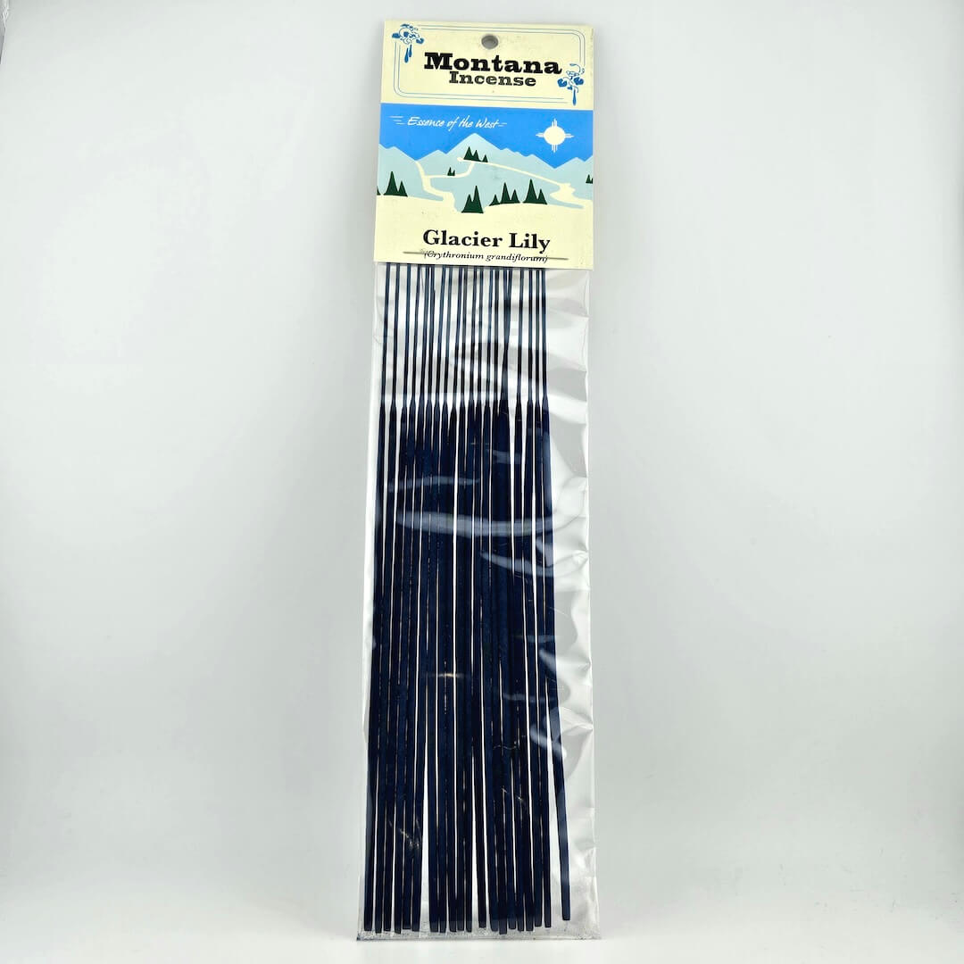 Pack of Montana Incense Glacier Lily sticks in clear packaging on a white background