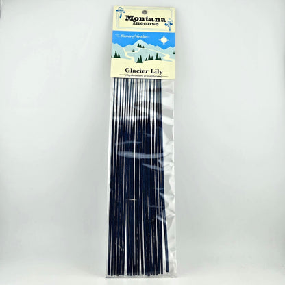 Pack of Montana Incense Glacier Lily sticks in clear packaging on a white background