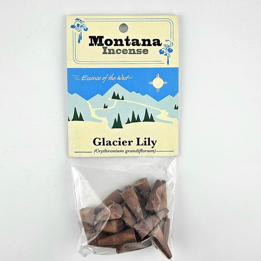 Montana Incense Glacier Lily packaging with mountain design on a white background