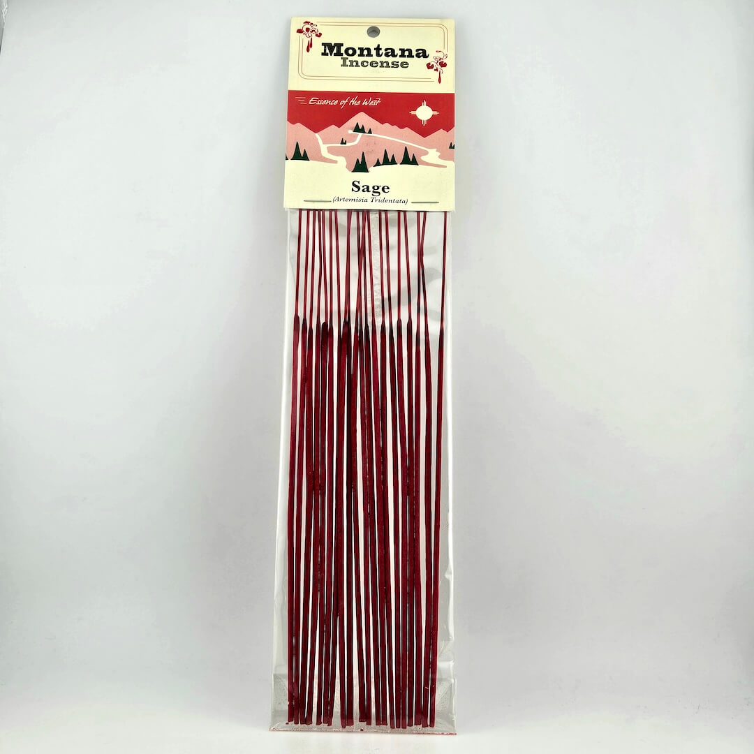 Packaged sage sticks with a 'Montana License' label on a white background