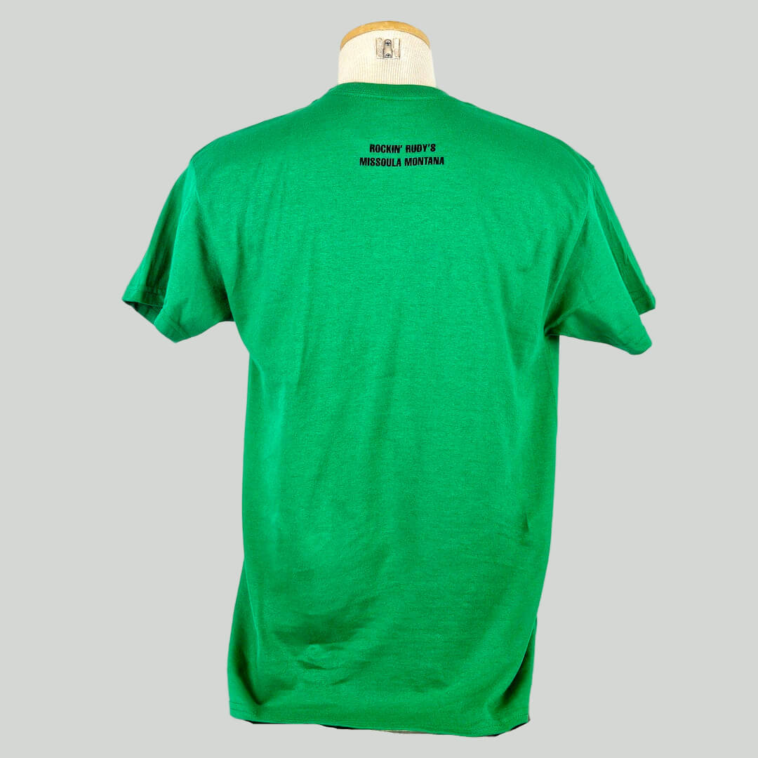 Green t-shirt on a mannequin with text on the back against a white background