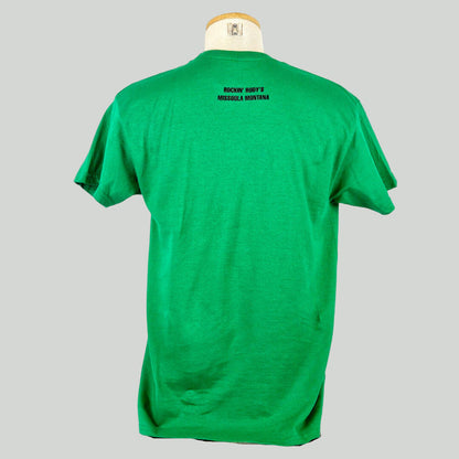Green t-shirt on a mannequin with text on the back against a white background