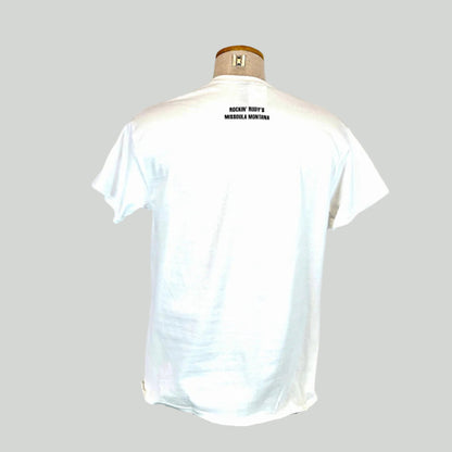 White t-shirt on a mannequin with 'Rockin' Rudy's, Missoula, Montana' text on a white background