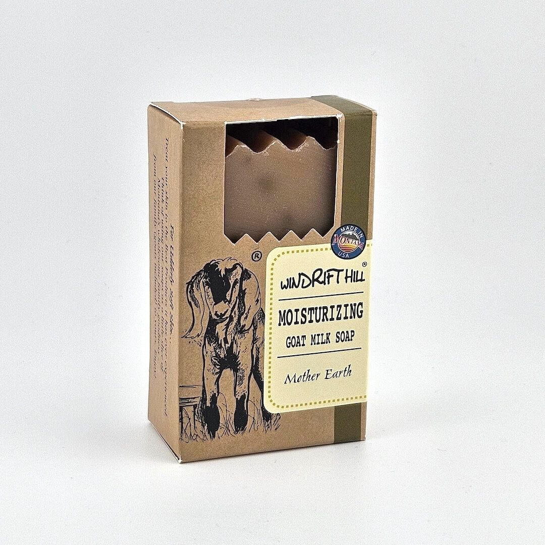 Box of Windrift Hill moisturizing goat milk soap on a gray background