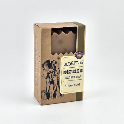 Box of Windrift Hill moisturizing goat milk soap on a gray background