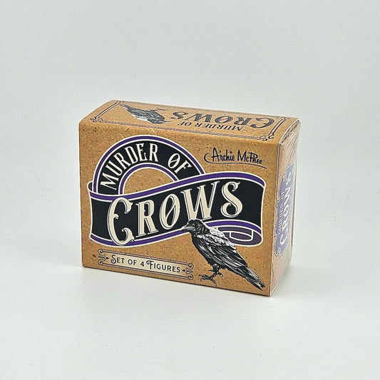 Brown box with four crow figures inside against gray background. 