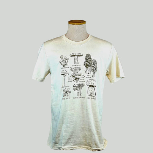 White t-shirt with mushroom illustrations on a mannequin against a white background