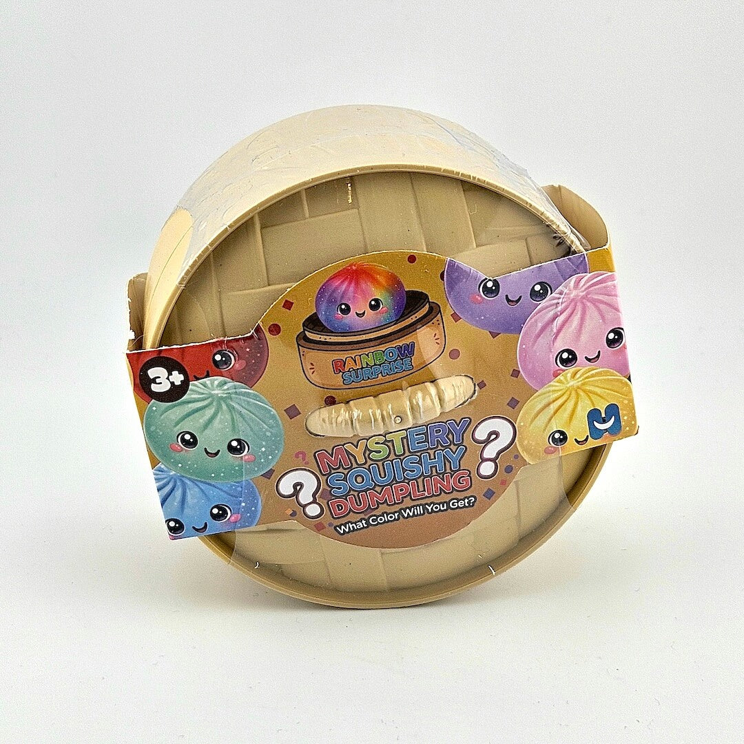 Mystery squishy dumpling toy packaging with colorful labels on a white background