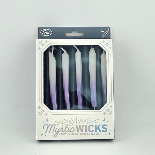 Packaging for amethyst crystal shaped birthday candles against white background.
