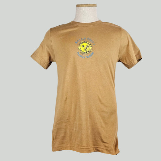 Carmel colored t-shirt with small sun in center with "ROCKIN RUDY'S" & "MISSOULA, MONTANA" encircling it. 