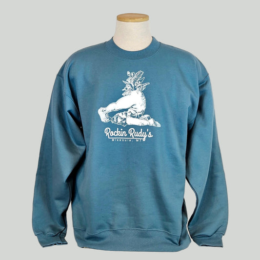 Blue sweatshirt with white graphic and text on a mannequin against a plain background
