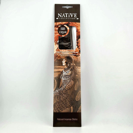 Packaging of Native Collection Cedar incense sticks on a white background