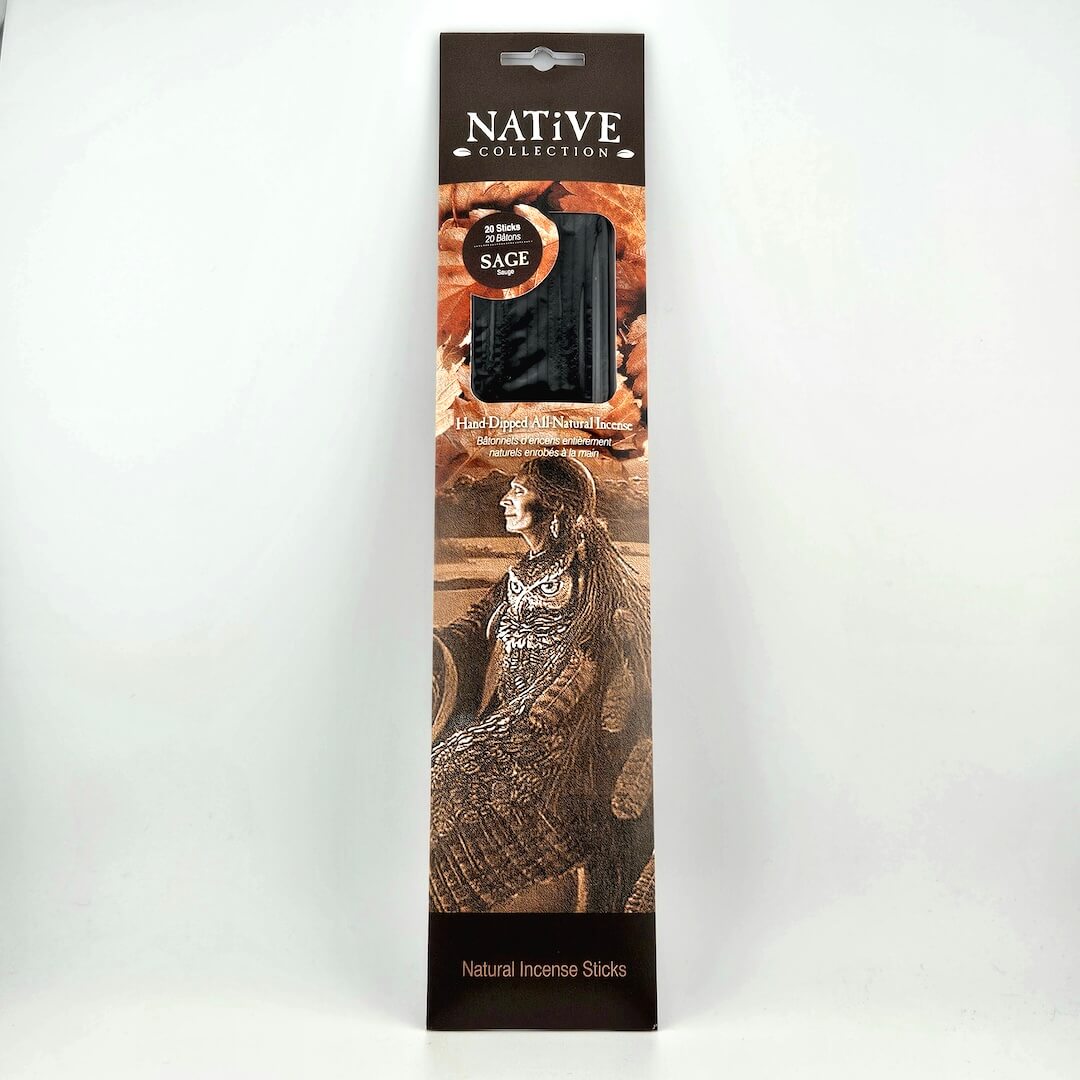 Packaging of Native Collection Sage Incense Sticks with an owl design on a white background