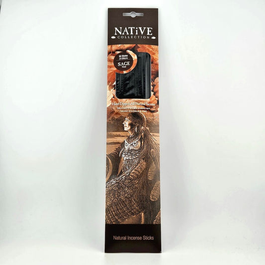 Packaging of Native Collection Sage Incense Sticks with an owl design on a white background