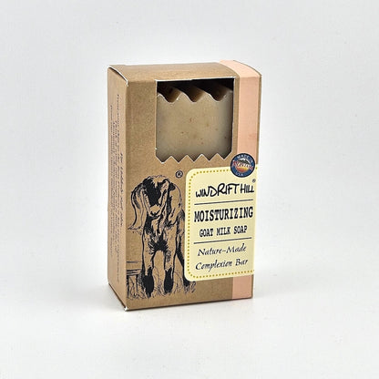 Box of Windrift Hill moisturizing goat milk soap on a gray background