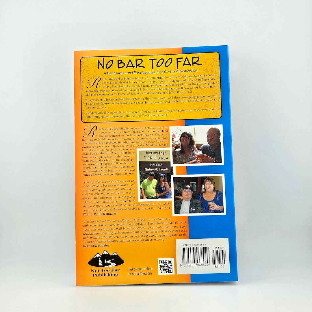 Back cover of a book titled 'No Bar Too Far' with text and images on a white background