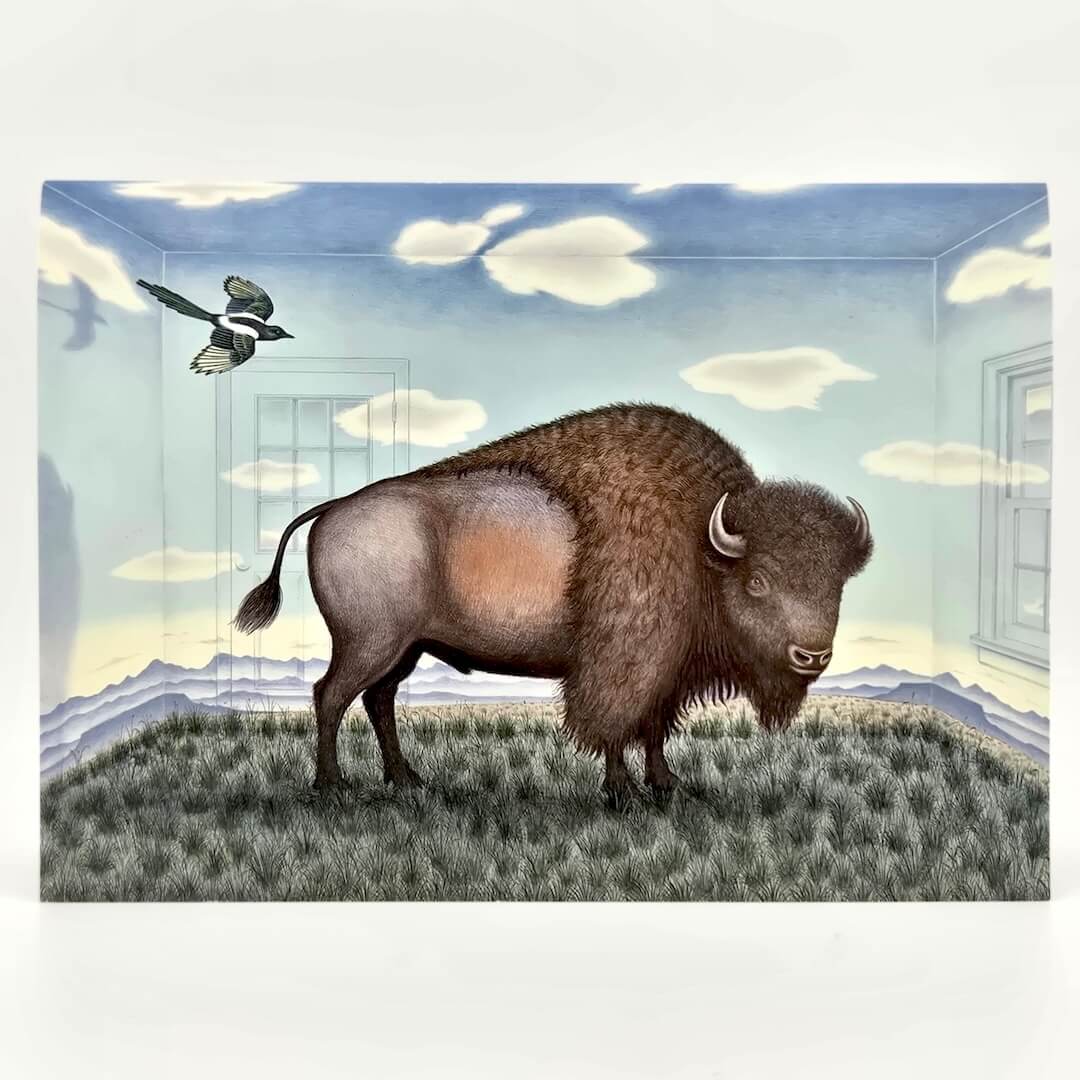 Illustration of a bison in a grassy field with mountains and a blue sky.