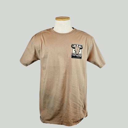 Beige t-shirt with a cow skull graphic on breast on a mannequin against a white background