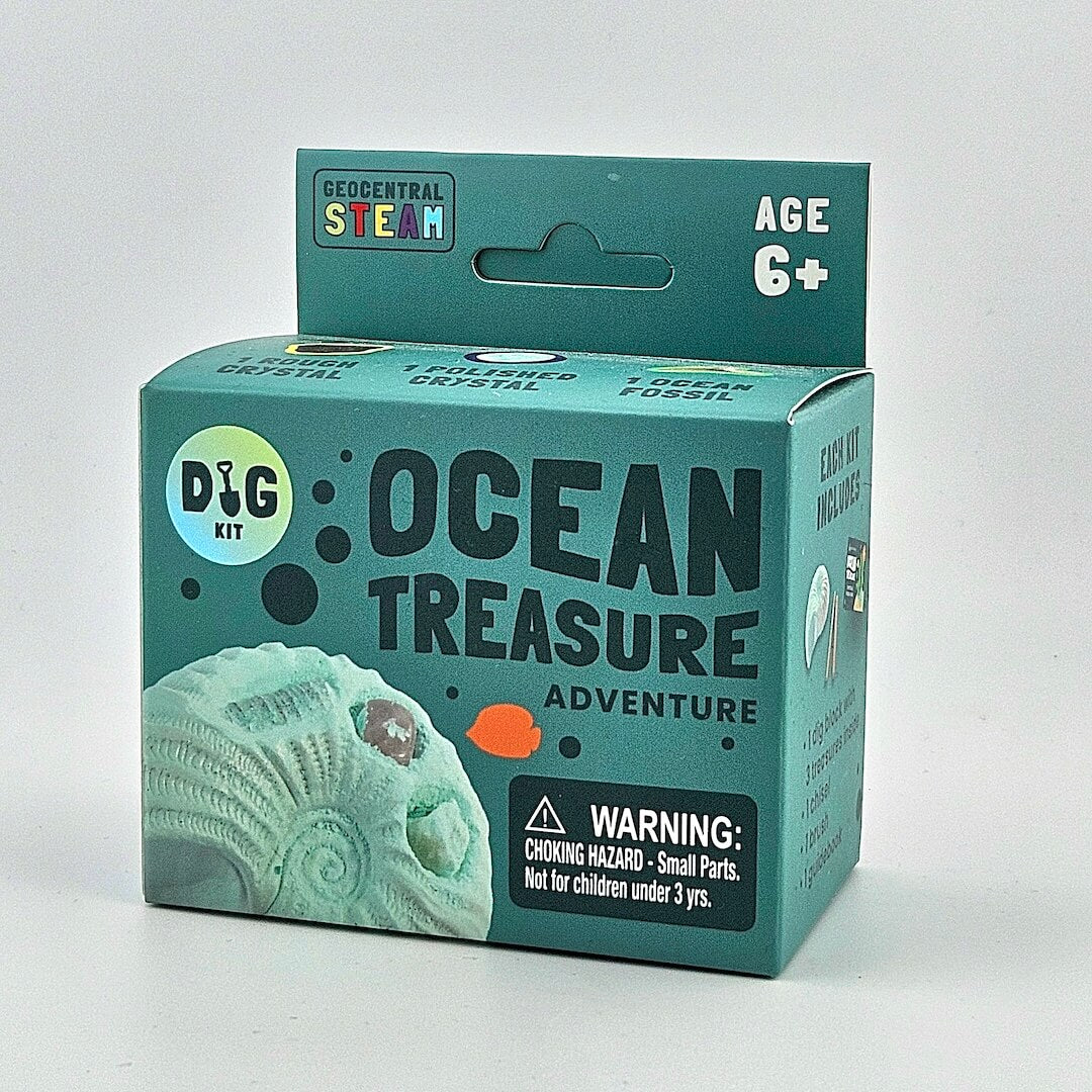 Box of 'Ocean Treasure Adventure' dig kit with branding and warning label on a white background
