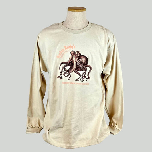 Beige long-sleeve shirt with octopus graphic on a mannequin against a white background