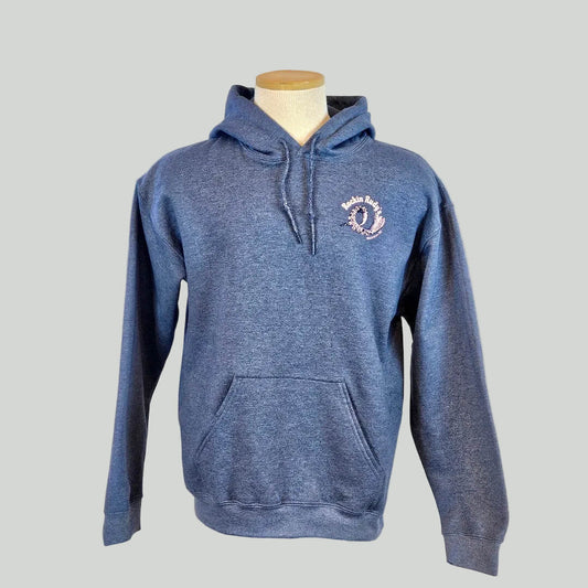 Blue hoodie with a logo on a mannequin against a gray background