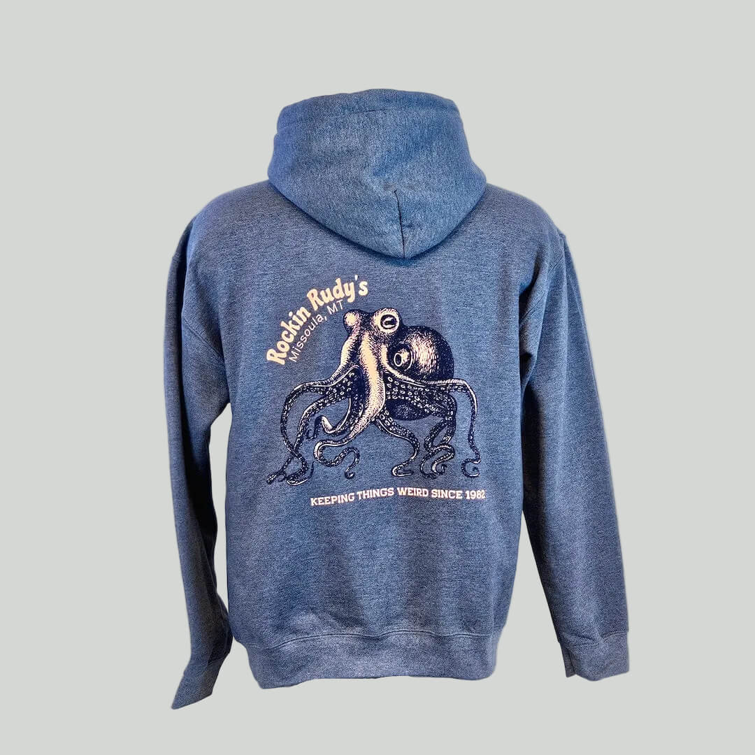 Blue hoodie with octopus design and text for "Rockin Rudy's" on mannequin against gray background. 