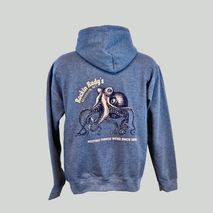 Blue hoodie with octopus design and text for "Rockin Rudy's" on mannequin against gray background. 