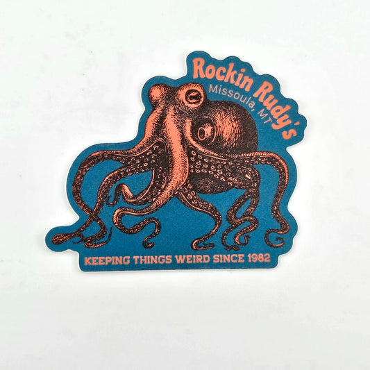 Sticker with an octopus design and text 'Rockin Rudy's Missoula, MT' on a white background